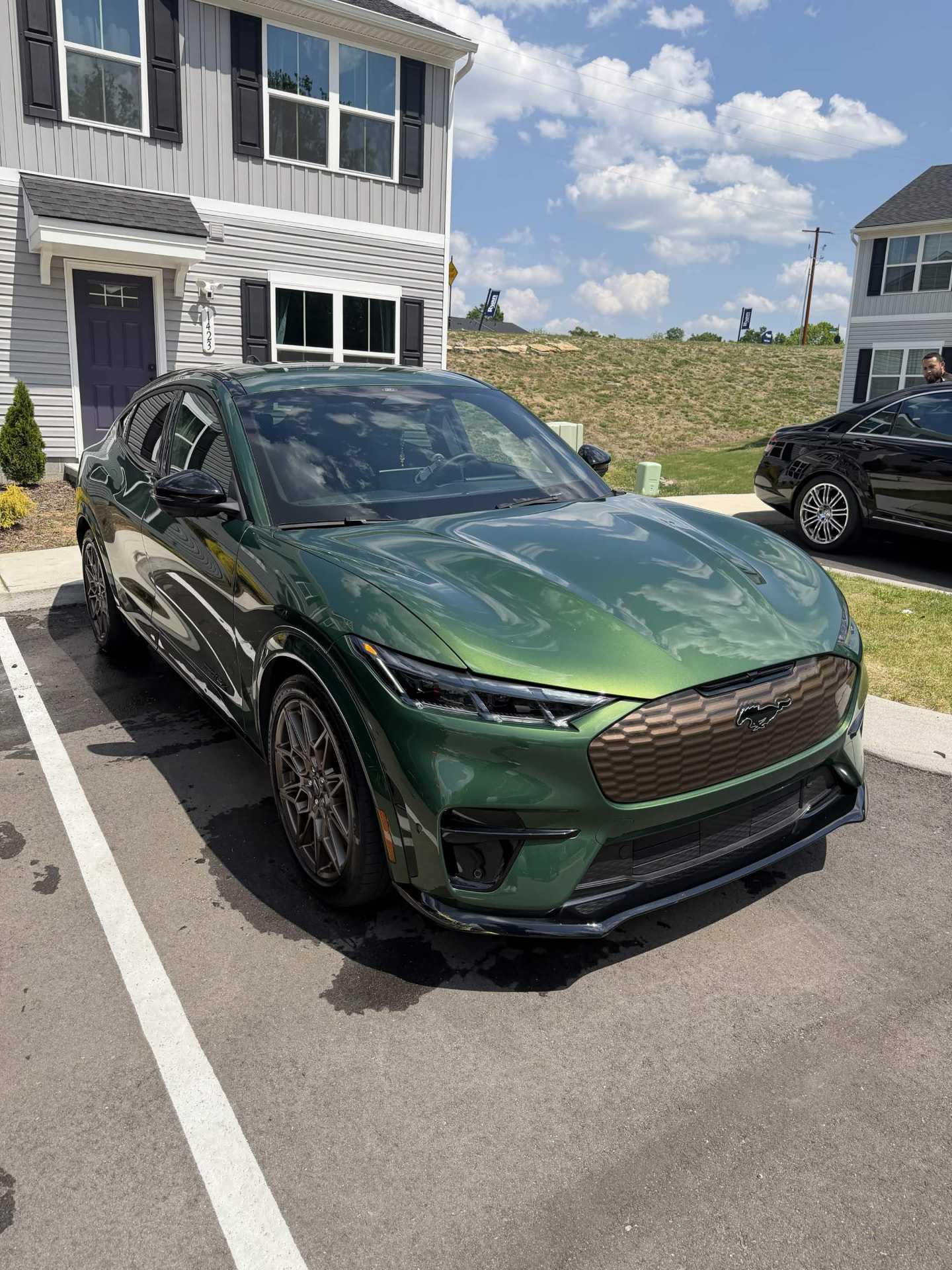 Green Mustang Mach-E freshly washed and detailed, with bronze wheels cleaned and dressed.