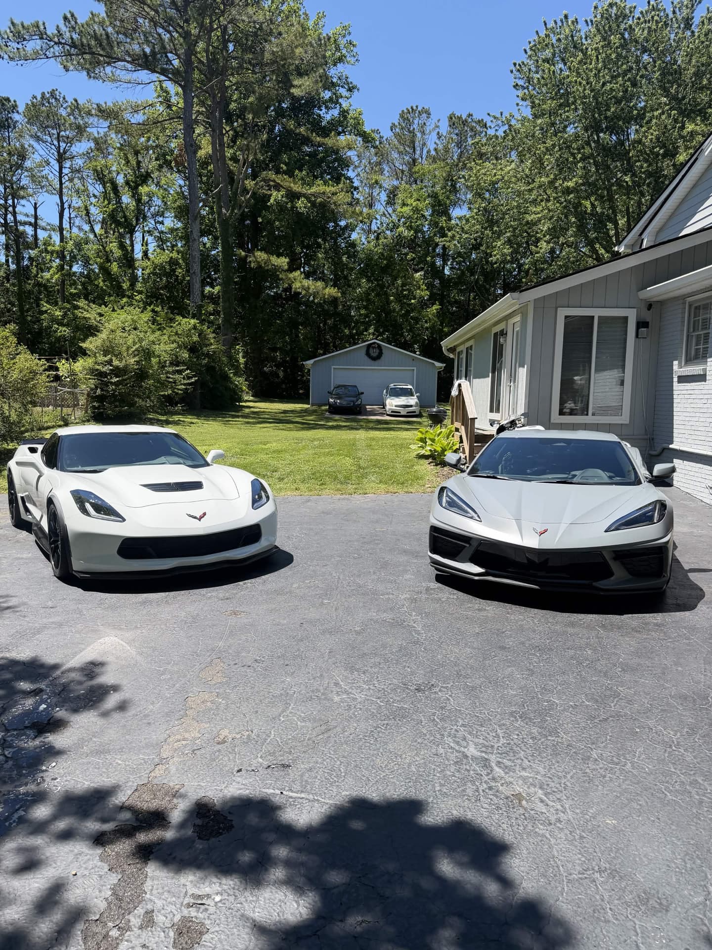 Two Corvettes finished side by side, with clean body panels, glass, and wheels.